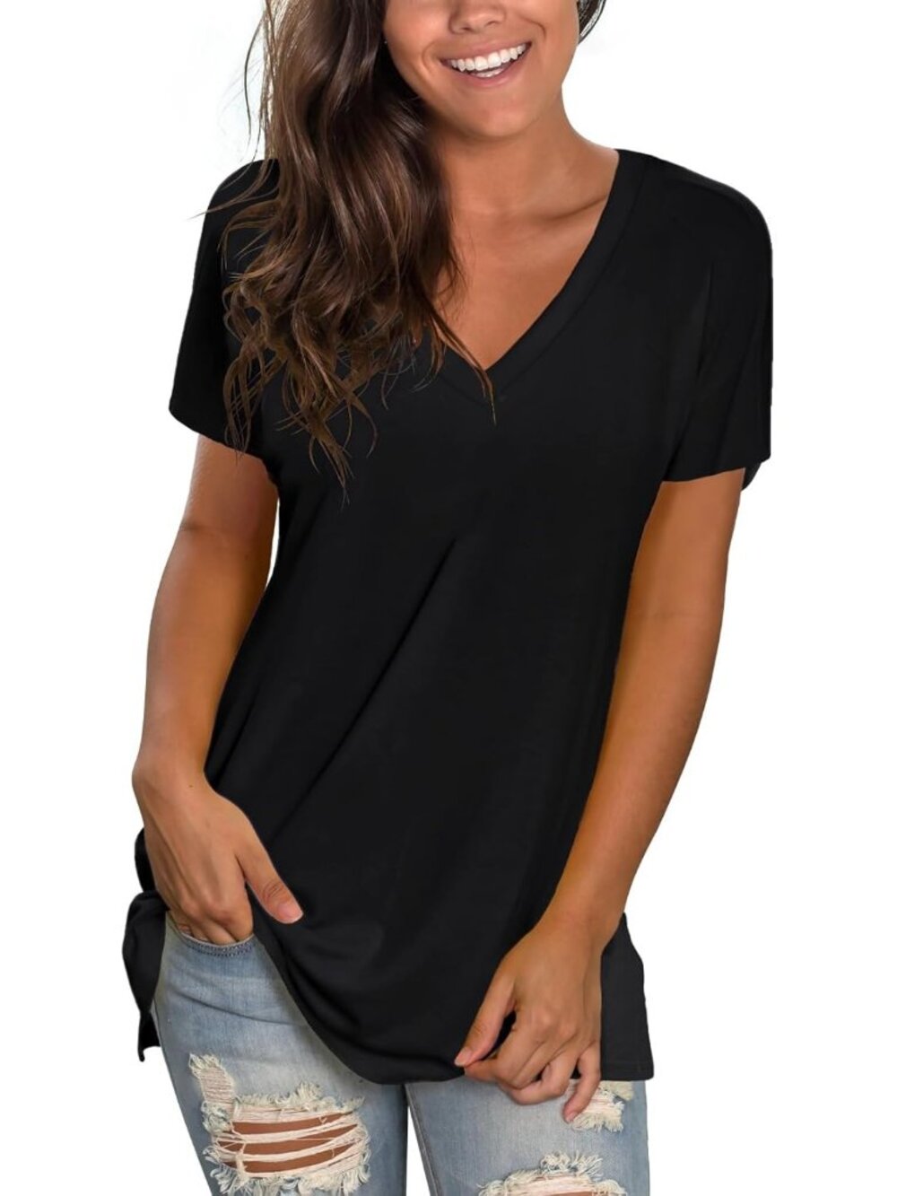 〽️Women Black Basic V Neck Tee Loose Fitting Casual Short Sleeve Tops T Shirt
